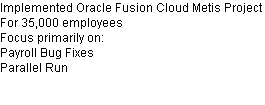 Implemented Oracle Fusion Cloud Metis Project
For 35,000 employees
Focus primarily on:
Payroll Bug Fixes
Parallel Run

 